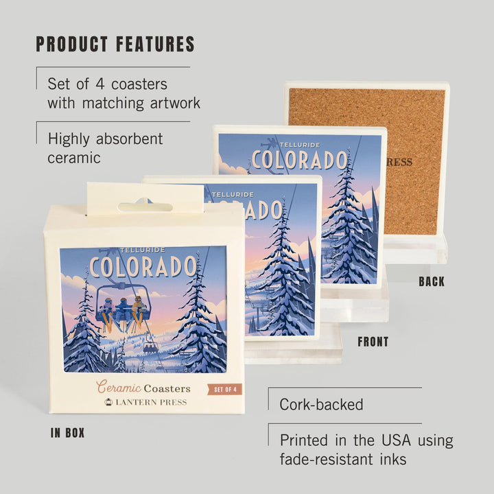 Telluride, Colorado, Ski / Snow / Winter Series, Chill on the Uphill, Ski Lift, Coasters Coasters Lantern Press 
