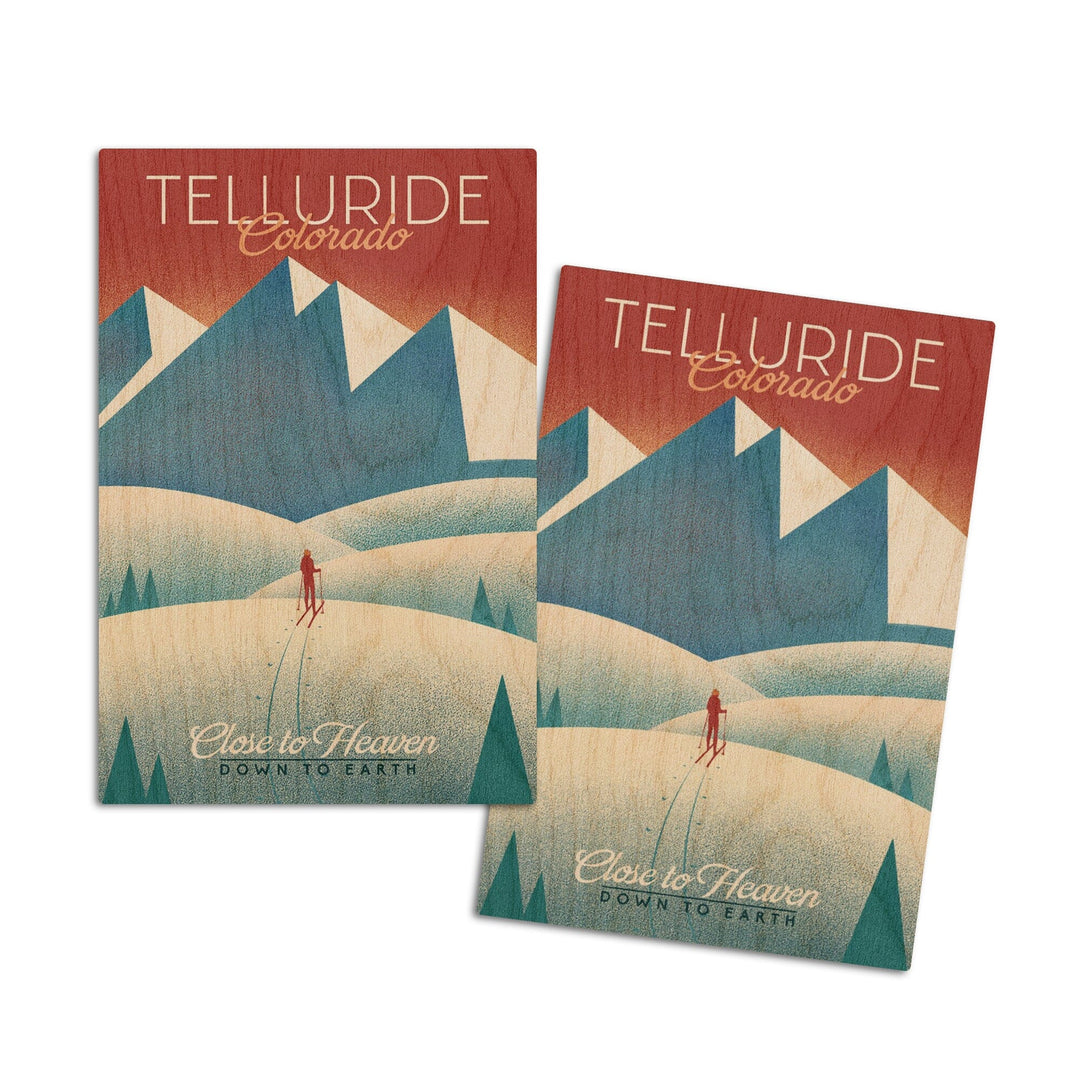 Telluride, Colorado, Skier In the Mountains, Litho, Lantern Press Artwork, Wood Signs and Postcards Wood Lantern Press 4x6 Wood Postcard Set 