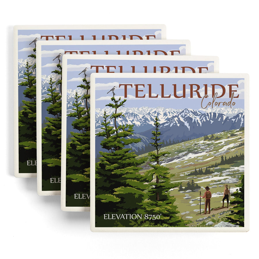 Telluride, Colorado, Trail Ridge Road & Hikers, Lantern Press Artwork, Coaster Set Coasters Lantern Press 