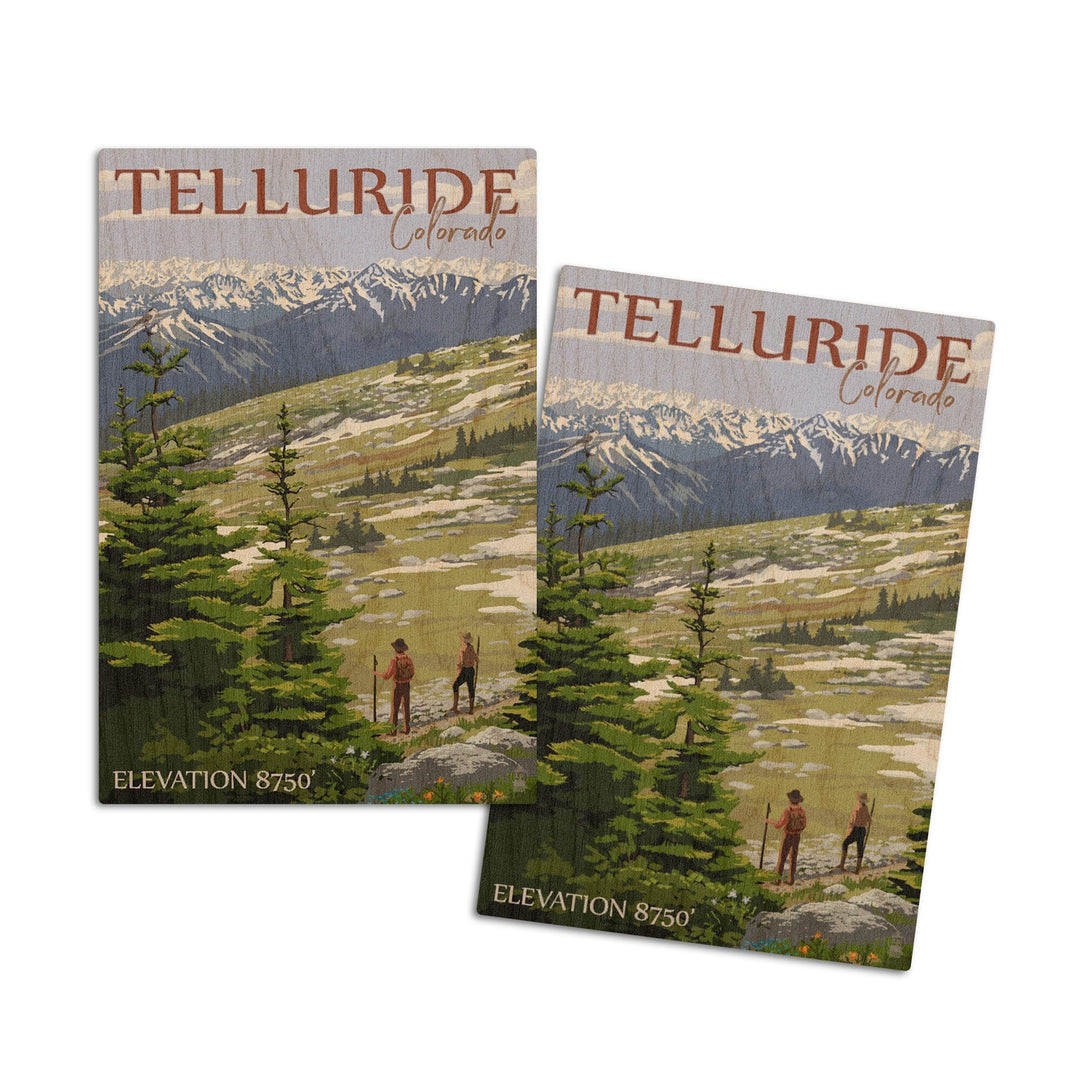 Telluride, Colorado, Trail Ridge Road & Hikers, Lantern Press Artwork, Wood Signs and Postcards Wood Lantern Press 4x6 Wood Postcard Set 