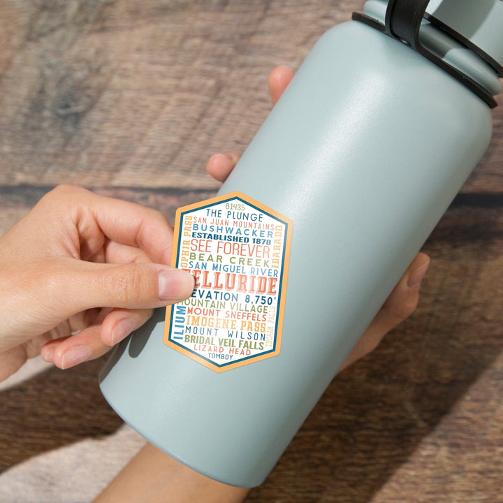 Telluride, Colorado, Typography, Contour, Vinyl Sticker Sticker Lantern Press 