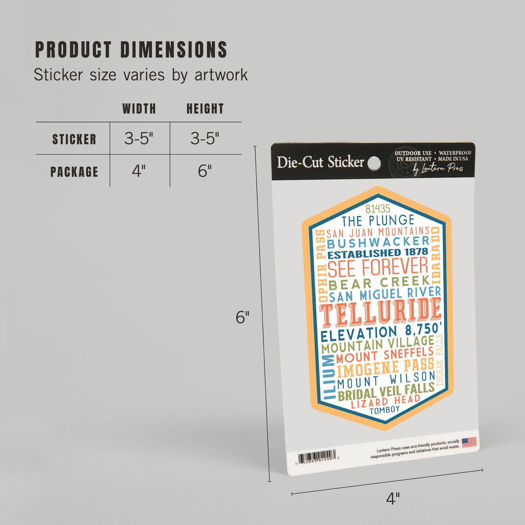 Telluride, Colorado, Typography, Contour, Vinyl Sticker Sticker Lantern Press 