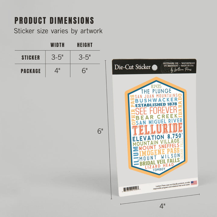 Telluride, Colorado, Typography, Contour, Vinyl Sticker Sticker Lantern Press 