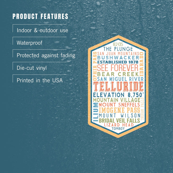 Telluride, Colorado, Typography, Contour, Vinyl Sticker Sticker Lantern Press 