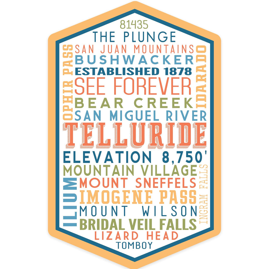 Telluride, Colorado, Typography, Contour, Vinyl Sticker Sticker Lantern Press 