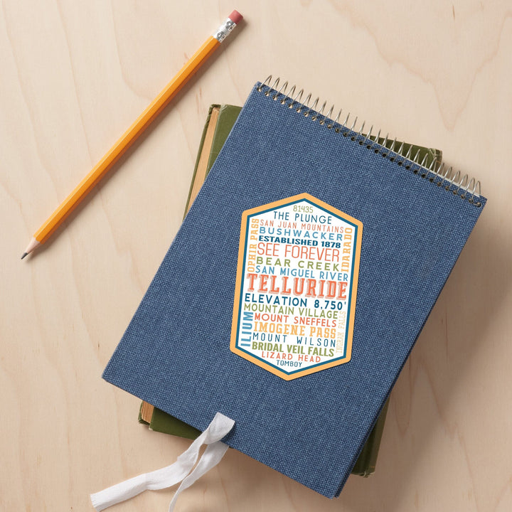 Telluride, Colorado, Typography, Contour, Vinyl Sticker Sticker Lantern Press 