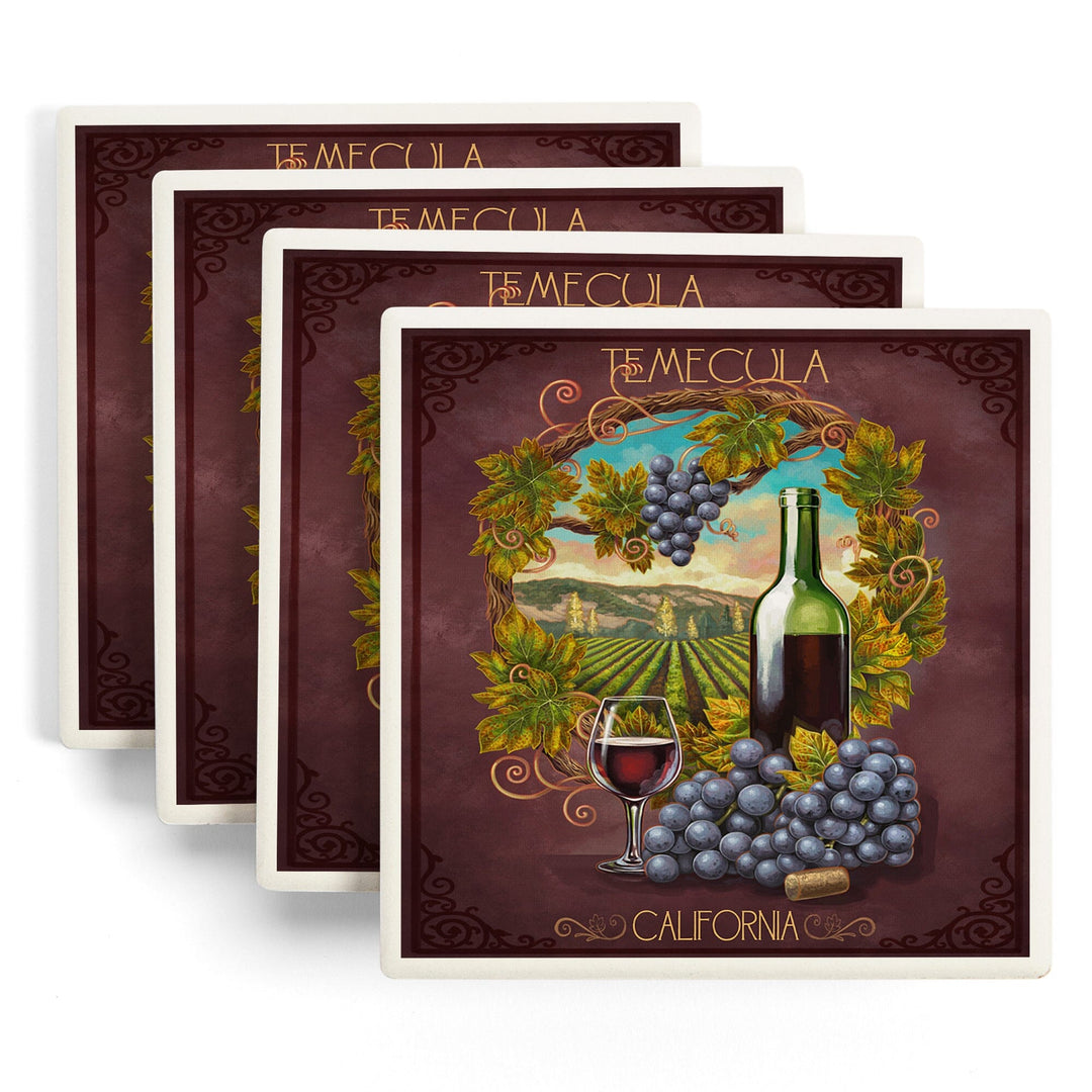 Temecula, California, Merlot Wine Scene, Lantern Press Artwork, Coaster Set Coasters Lantern Press 