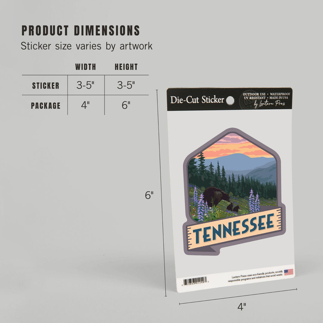Tennessee, Bear and Spring Flowers, Contour, Vinyl Sticker Sticker Lantern Press 