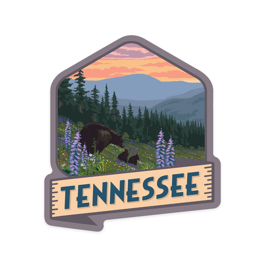 Tennessee, Bear and Spring Flowers, Contour, Vinyl Sticker Sticker Lantern Press 