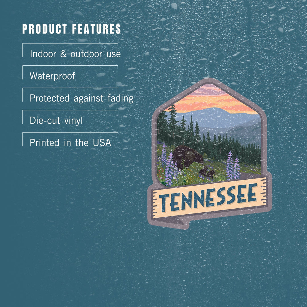 Tennessee, Bear and Spring Flowers, Contour, Vinyl Sticker Sticker Lantern Press 