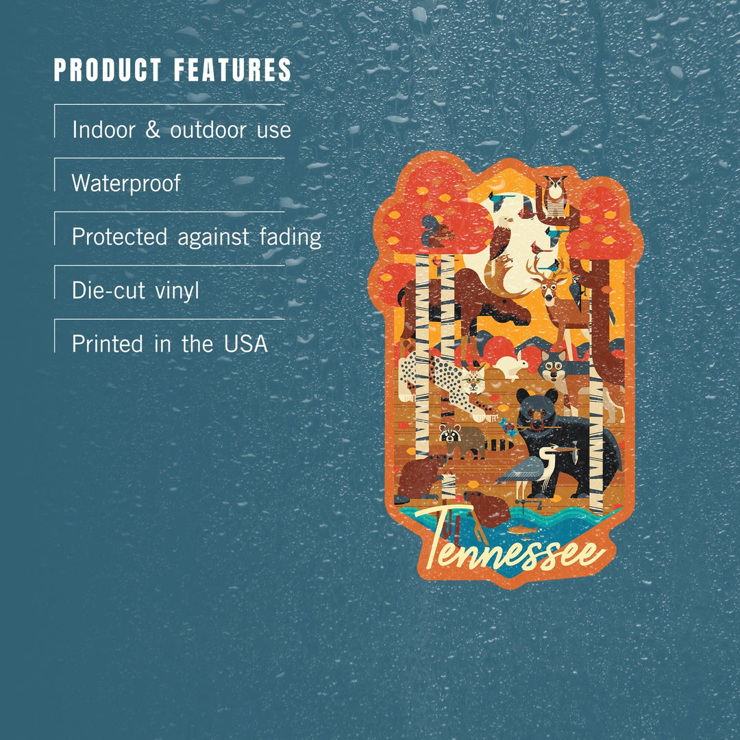 Tennessee, Fall, Woodland Animals, Geometric, Contour, Vinyl Sticker Sticker Lantern Press 