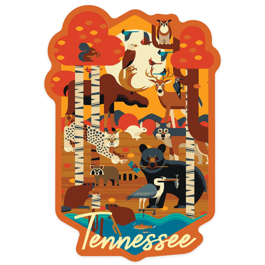 Tennessee, Fall, Woodland Animals, Geometric, Contour, Vinyl Sticker Sticker Lantern Press 