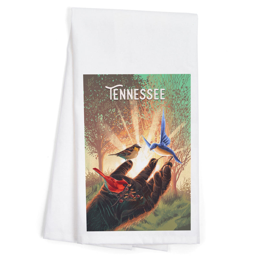 Tennessee, Kindness is Legendary, Bigfoot With Birds, Organic Cotton Kitchen Tea Towels Kitchen Lantern Press 