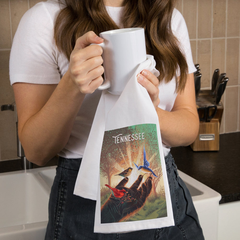 Tennessee, Kindness is Legendary, Bigfoot With Birds, Organic Cotton Kitchen Tea Towels Kitchen Lantern Press 