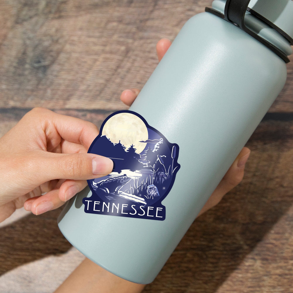 Tennessee, Lake at Night, Contour, Vinyl Sticker Sticker Lantern Press 