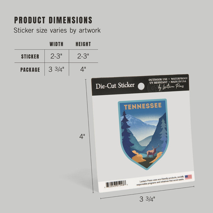 Tennessee, Lithograph, Elk and Mountains Scene, Contour, Vinyl Sticker Sticker Lantern Press 