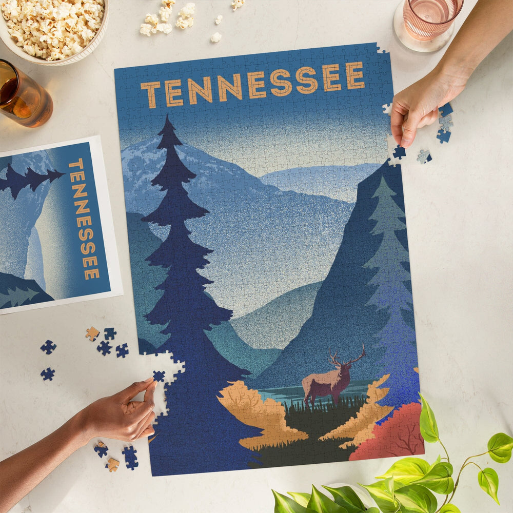 Tennessee, Lithograph, Elk and Mountains Scene, Jigsaw Puzzle Puzzle Lantern Press 