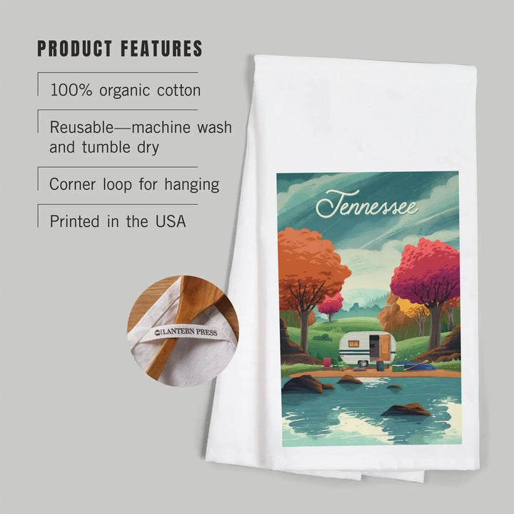 Tennessee, Outdoor Activity, At Home Anywhere, Camper in Fall Colors, Organic Cotton Kitchen Tea Towels Kitchen Lantern Press 