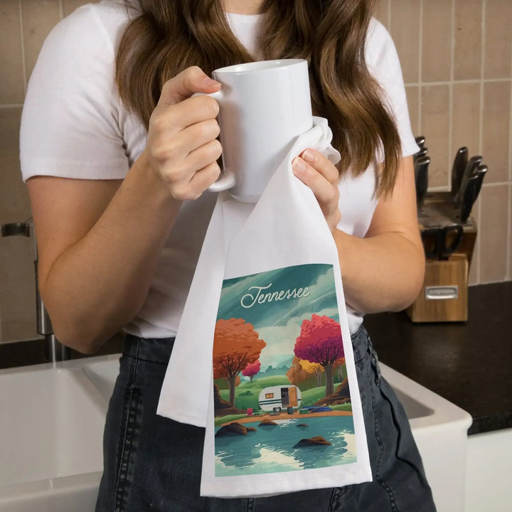 Tennessee, Outdoor Activity, At Home Anywhere, Camper in Fall Colors, Organic Cotton Kitchen Tea Towels Kitchen Lantern Press 