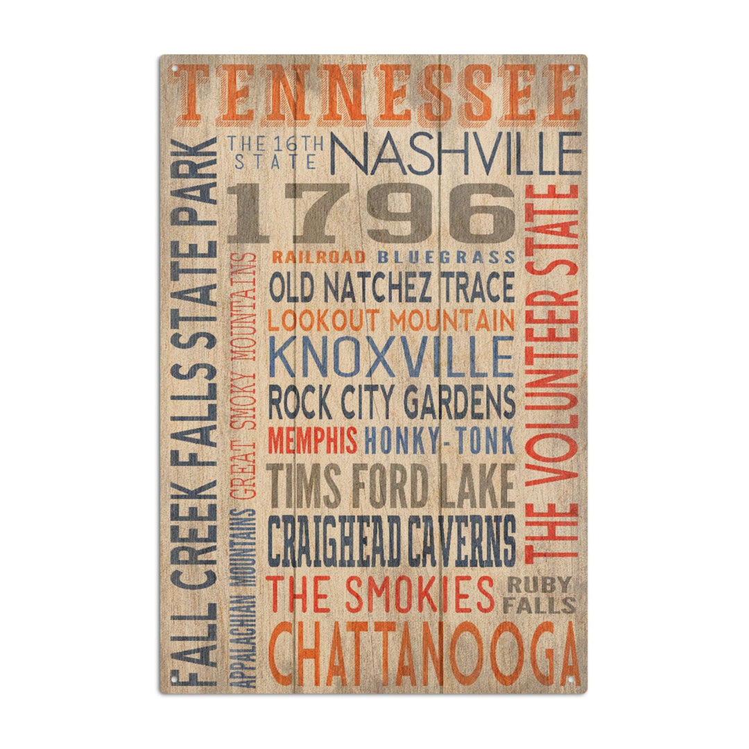 Tennessee, Rustic Typography, Lantern Press Artwork, Wood Signs and Postcards Wood Lantern Press 10 x 15 Wood Sign 