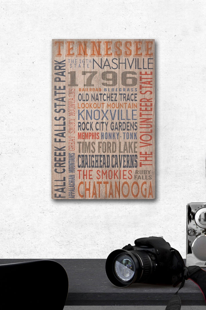 Tennessee, Rustic Typography, Lantern Press Artwork, Wood Signs and Postcards Wood Lantern Press 12 x 18 Wood Gallery Print 