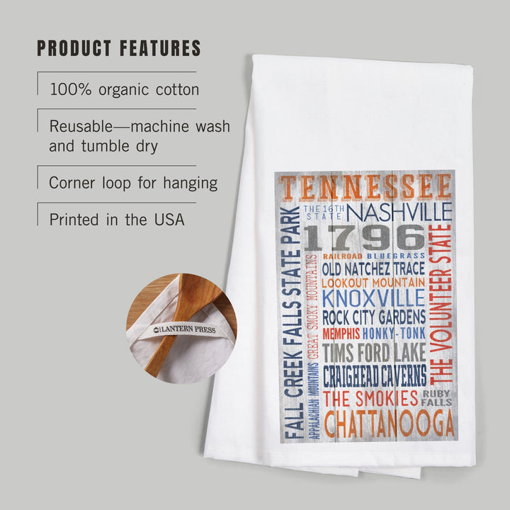 Tennessee, Rustic Typography, Organic Cotton Kitchen Tea Towels Kitchen Lantern Press 