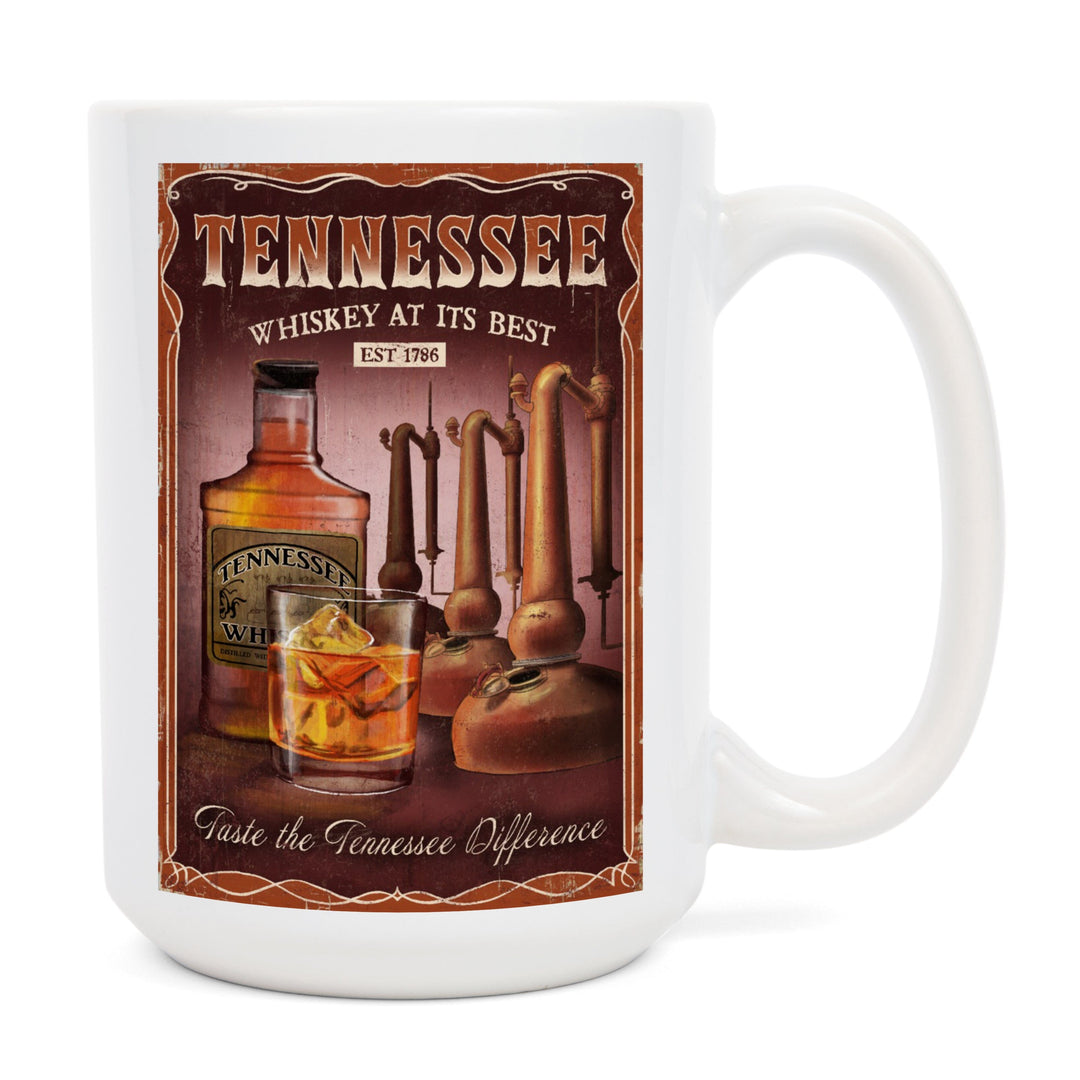 Tennessee, Whiskey Vintage Sign, Lantern Press Artwork, Ceramic Mug Mugs Lantern Press 