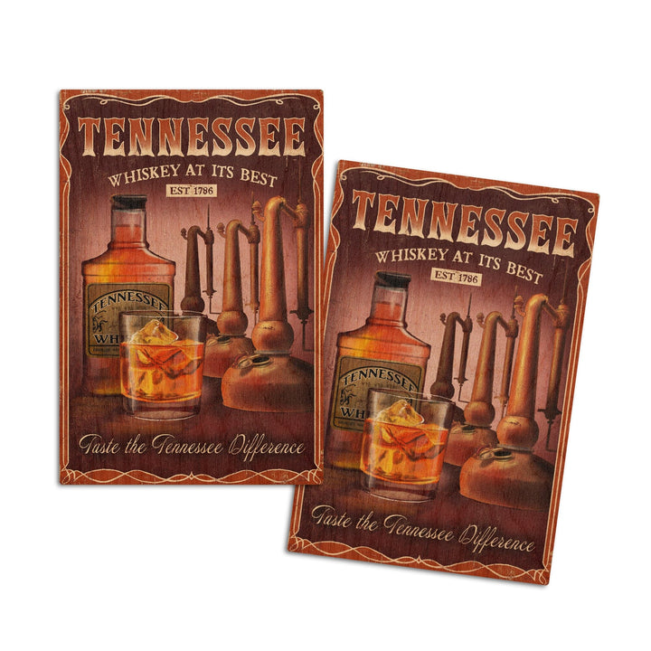 Tennessee, Whiskey Vintage Sign, Lantern Press Artwork, Wood Signs and Postcards Wood Lantern Press 4x6 Wood Postcard Set 