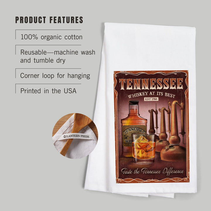 Tennessee, Whiskey Vintage Sign, Organic Cotton Kitchen Tea Towels Kitchen Lantern Press 