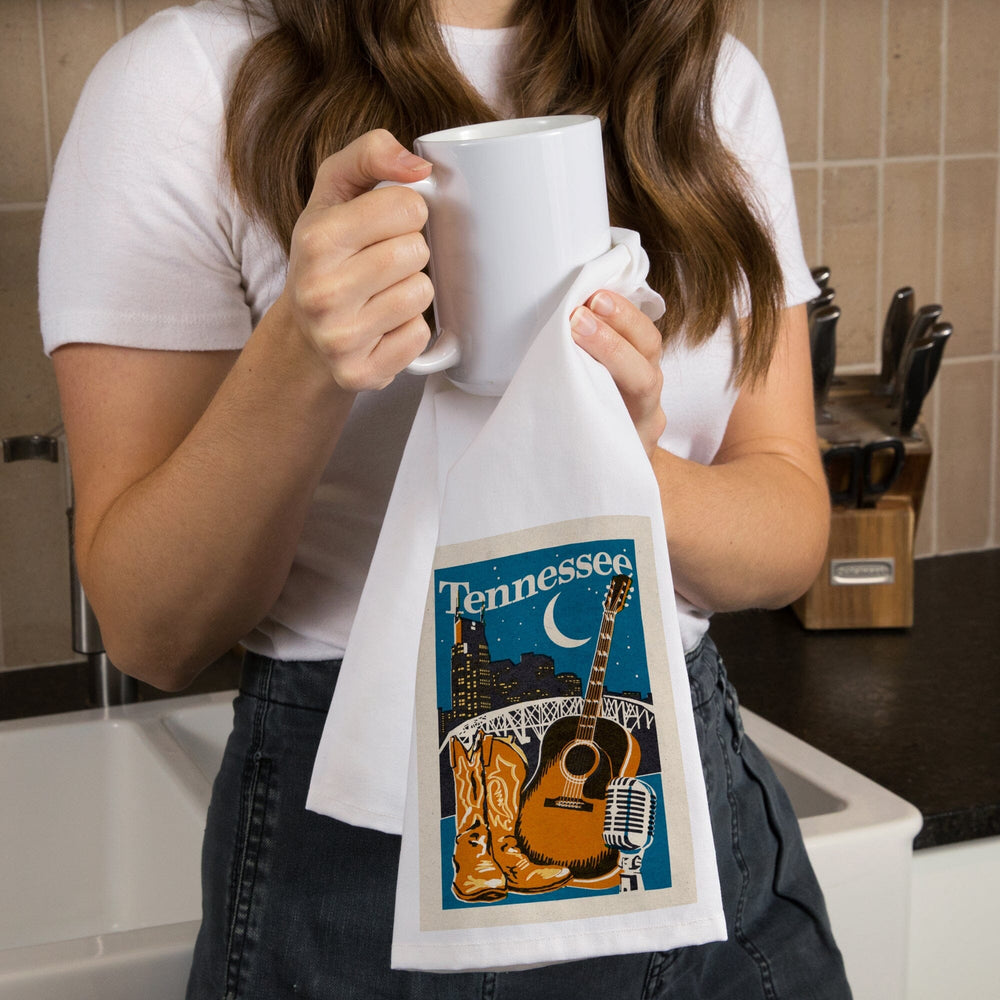 Tennessee, Woodblock, Organic Cotton Kitchen Tea Towels Kitchen Lantern Press 