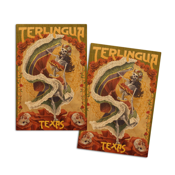 Terlingua, Texas, Day of the Dead Skeleton Dancing, Lantern Press Artwork, Wood Signs and Postcards Wood Lantern Press 4x6 Wood Postcard Set 