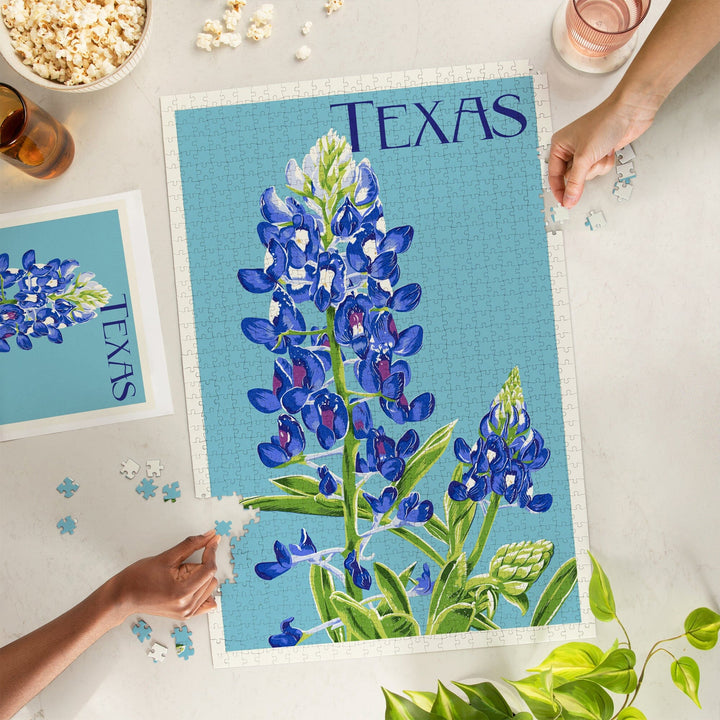 Texas, Bluebonnet, Letterpress, Jigsaw Puzzle Puzzle Lantern Press 