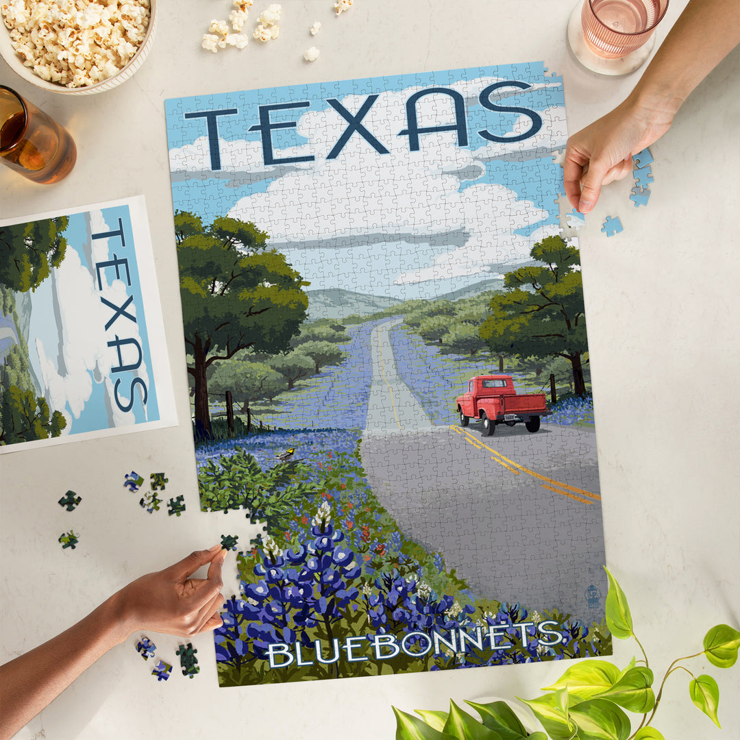Texas, Bluebonnets and Highway, Jigsaw Puzzle Puzzle Lantern Press 