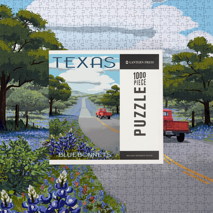 Texas, Bluebonnets and Highway, Jigsaw Puzzle Puzzle Lantern Press 