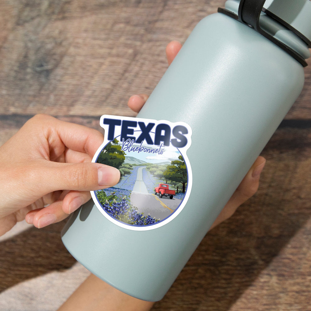 Texas, Bluebonnets & Highway, Circle, Contour, Lantern Press Artwork, Vinyl Sticker Sticker Lantern Press 