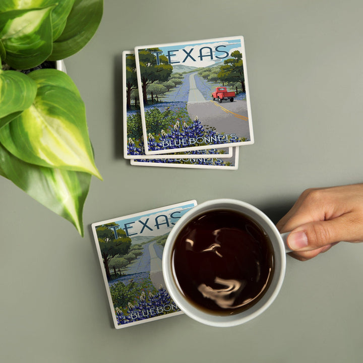 Texas, Bluebonnets & Highway, Lantern Press Artwork, Coaster Set Coasters Lantern Press 