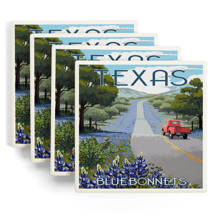 Texas, Bluebonnets & Highway, Lantern Press Artwork, Coaster Set Coasters Lantern Press 