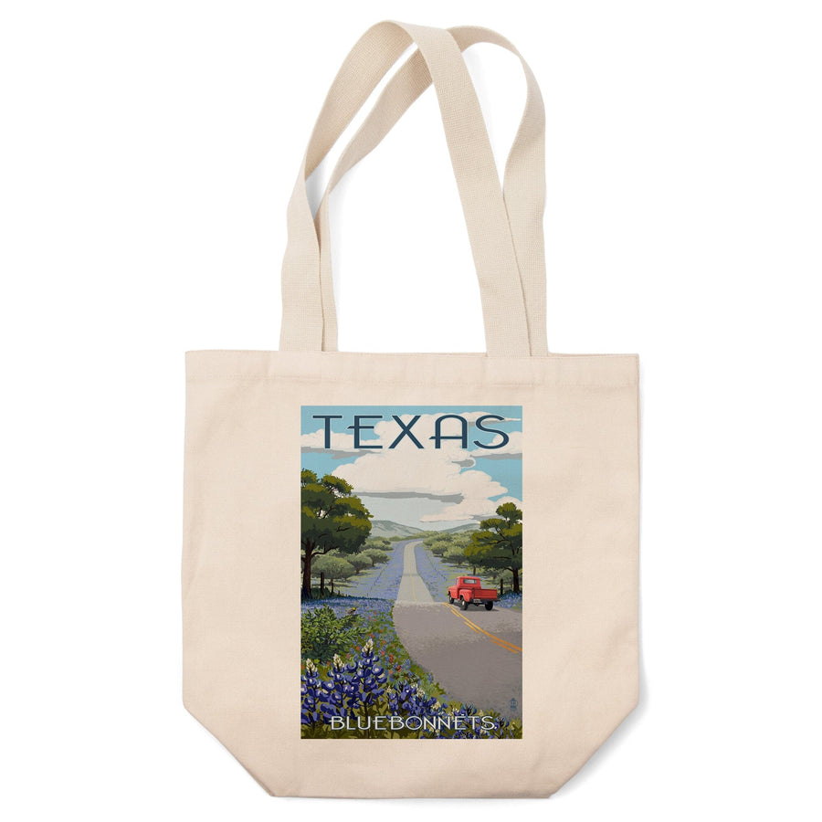 Texas, Bluebonnets & Highway, Lantern Press Artwork, Tote Bag Totes Lantern Press 