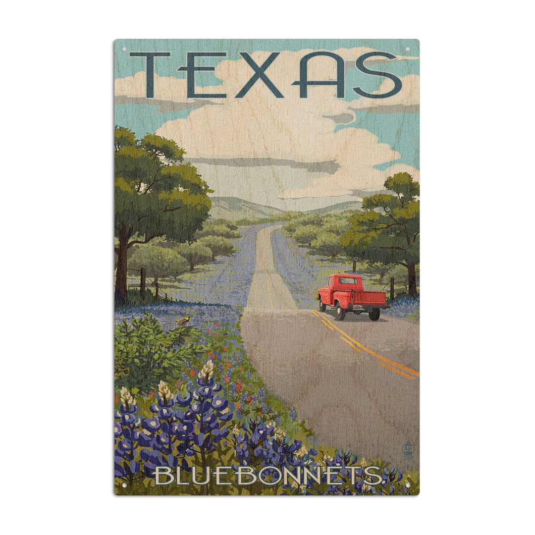 Texas, Bluebonnets & Highway, Lantern Press Artwork, Wood Signs and Postcards Wood Lantern Press 10 x 15 Wood Sign 