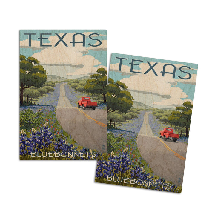 Texas, Bluebonnets & Highway, Lantern Press Artwork, Wood Signs and Postcards Wood Lantern Press 4x6 Wood Postcard Set 