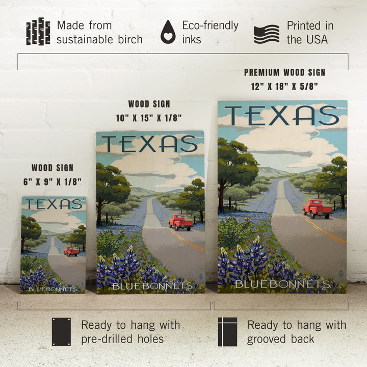 Texas, Bluebonnets & Highway, Lantern Press Artwork, Wood Signs and Postcards Wood Lantern Press 