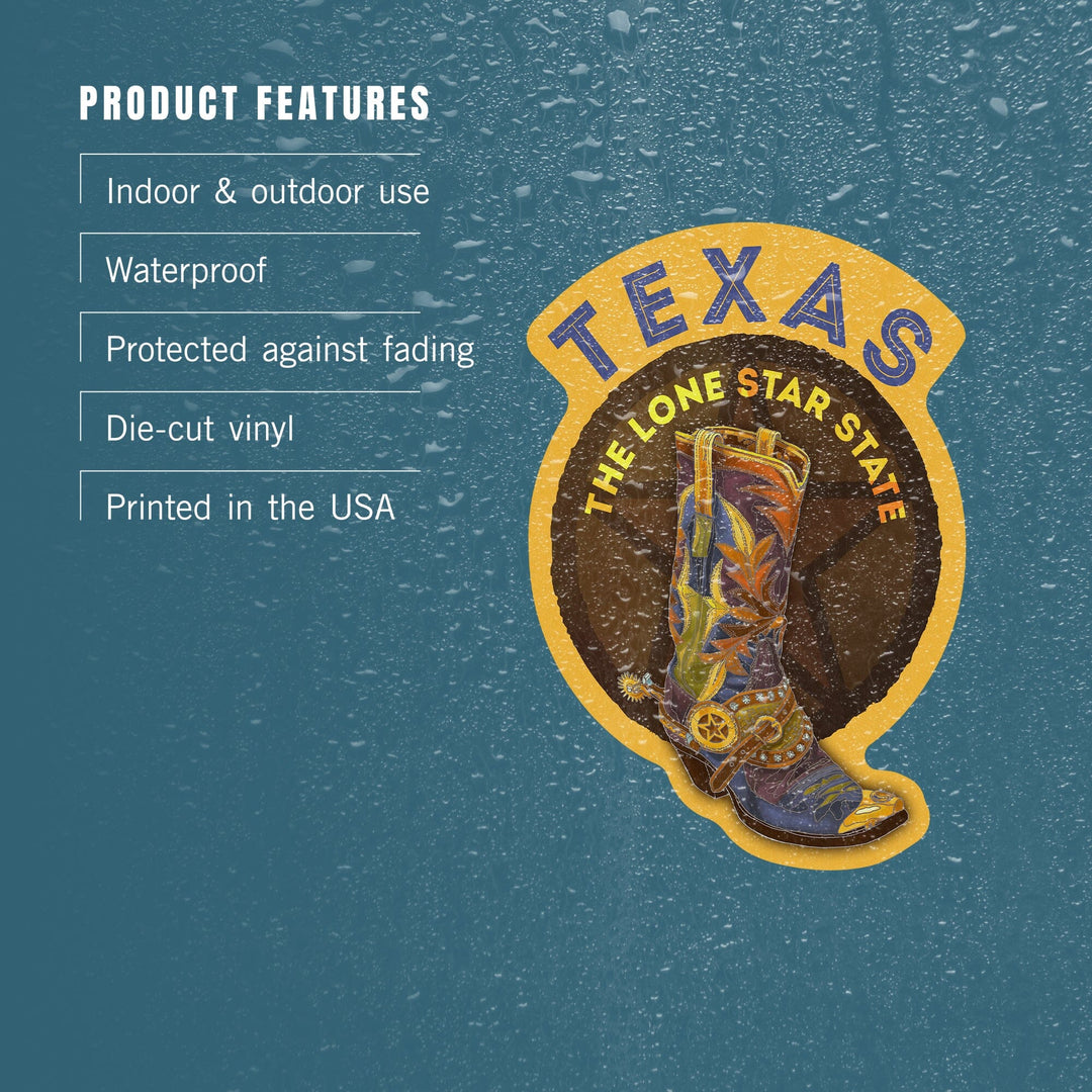 Texas, Boot and Star, Contour, Vinyl Sticker Sticker Lantern Press 