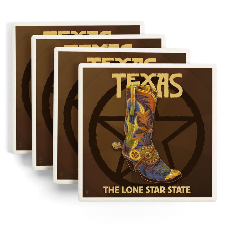 Texas, Boot & Star, Lantern Press Artwork, Coaster Set Coasters Lantern Press 