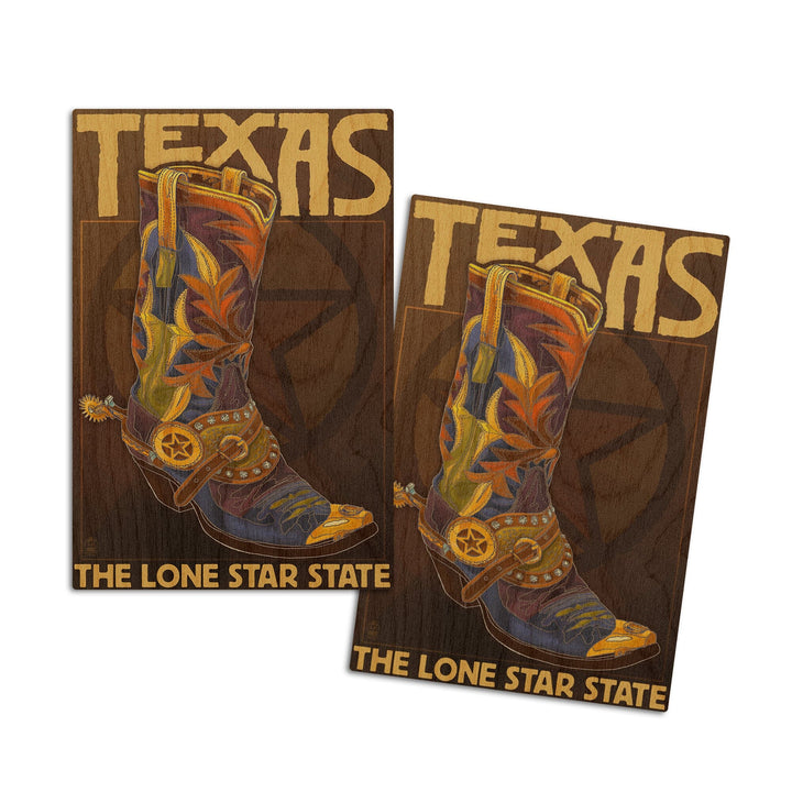 Texas, Boot & Star, Lantern Press Artwork, Wood Signs and Postcards Wood Lantern Press 4x6 Wood Postcard Set 