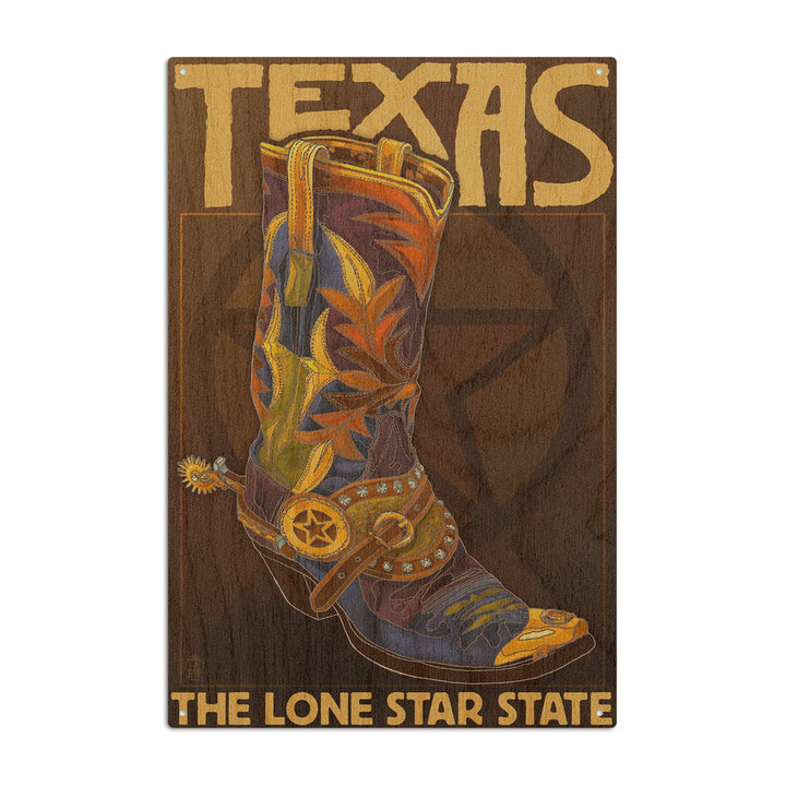 Texas, Boot & Star, Lantern Press Artwork, Wood Signs and Postcards Wood Lantern Press 6x9 Wood Sign 