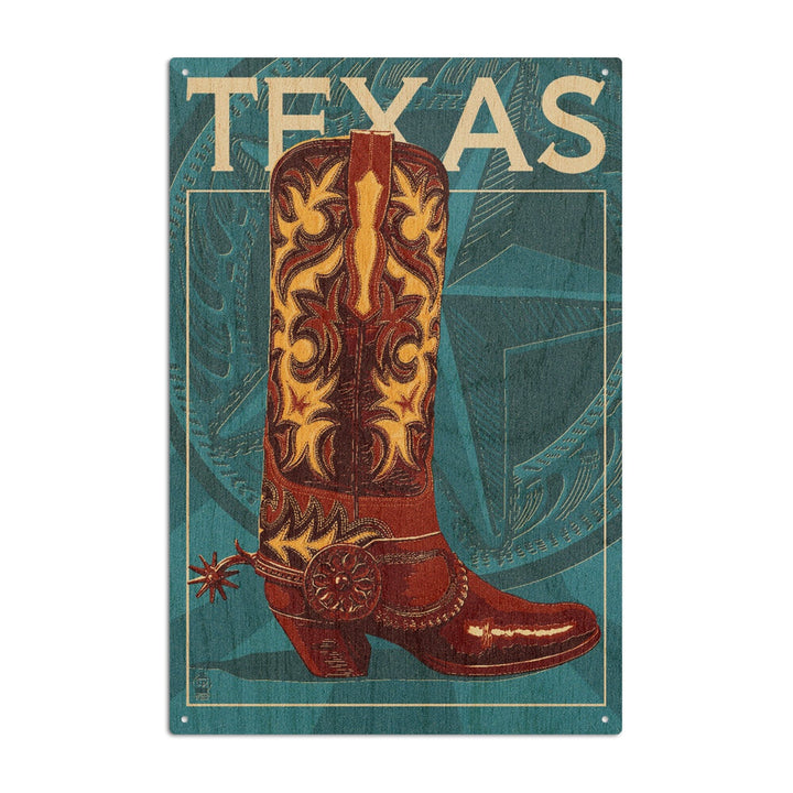 Texas, Cowboy Boot, Letterpress, Lantern Press Artwork, Wood Signs and Postcards Wood Lantern Press 10 x 15 Wood Sign 