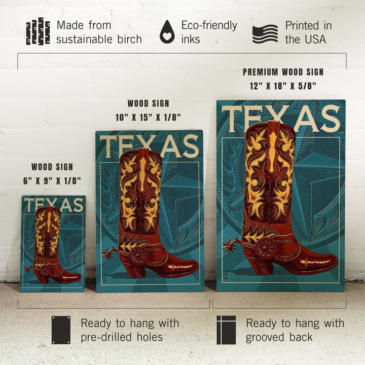 Texas, Cowboy Boot, Letterpress, Lantern Press Artwork, Wood Signs and Postcards Wood Lantern Press 