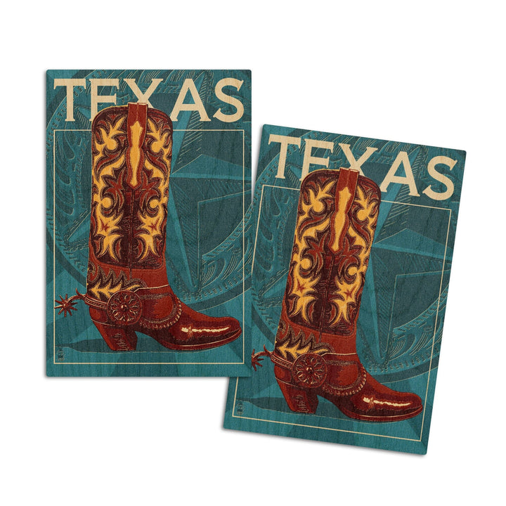 Texas, Cowboy Boot, Letterpress, Lantern Press Artwork, Wood Signs and Postcards Wood Lantern Press 4x6 Wood Postcard Set 