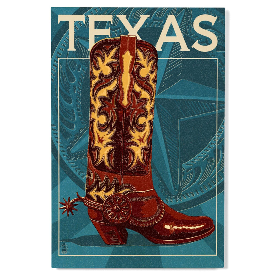 Texas, Cowboy Boot, Letterpress, Lantern Press Artwork, Wood Signs and Postcards Wood Lantern Press 