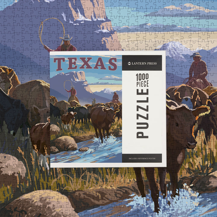 Texas, Cowboy Cattle Drive Scene, Jigsaw Puzzle Puzzle Lantern Press 